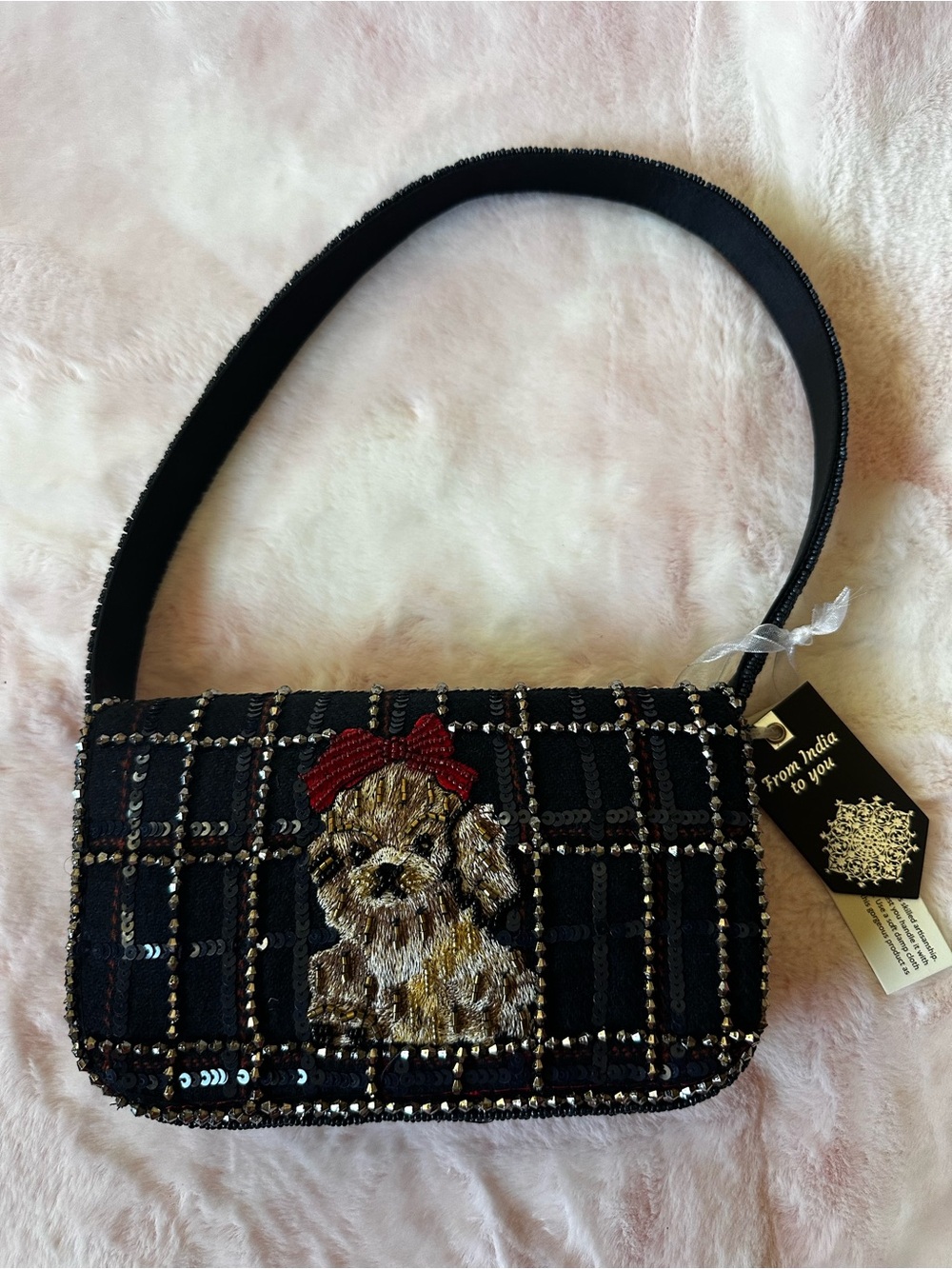 Yorkie Puppy Dog with Red Bow- India Beaded Purse Bag NWT